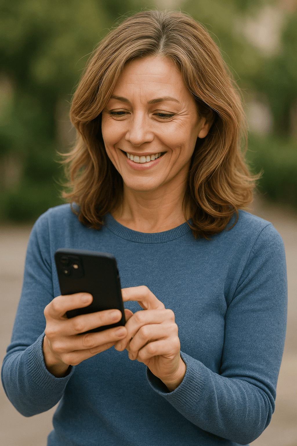 Mulher sorrindo usando smartphone ao ar livre